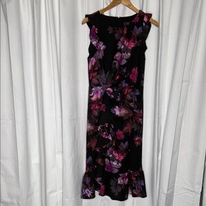 Adrianna Papell Black and Pink Floral Midi Dress